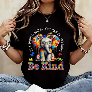 Elephant With Puzzle Pieces And Be Kind Print T Shirt Crew Neck Casual Wear For Women And Girls