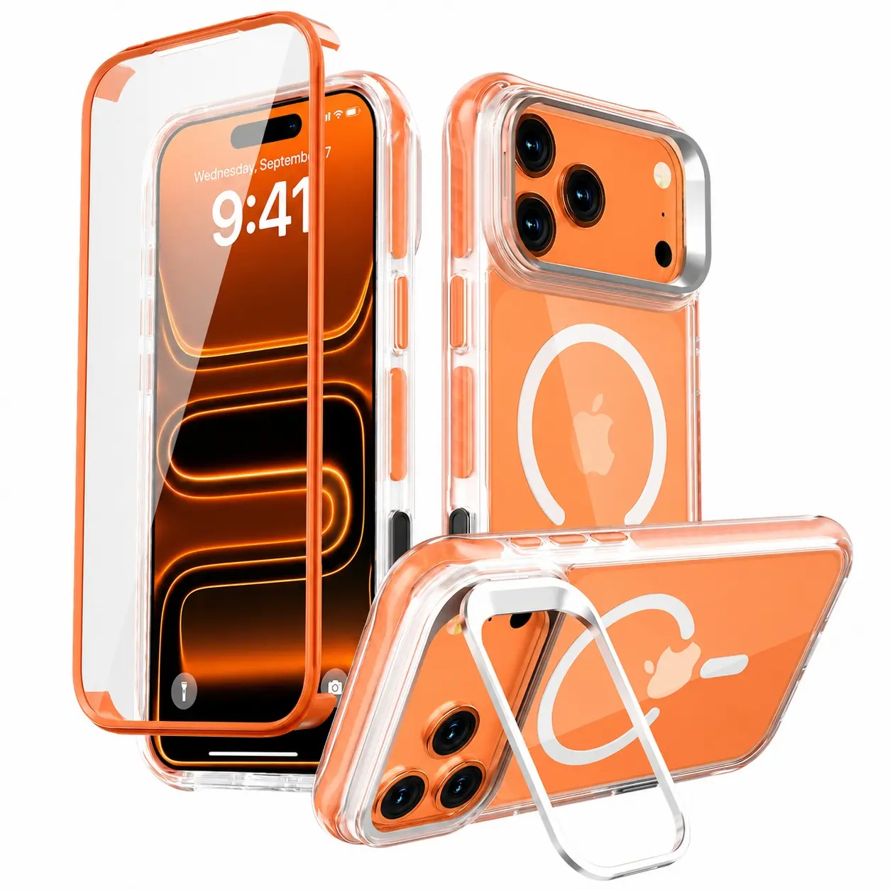 360° Full Body Magnetic Case for iPhone 16 17 Pro Max with Built-in Screen Protector & Kickstand, Clear Rugged Shockproof Cover Compatible with MagSafe