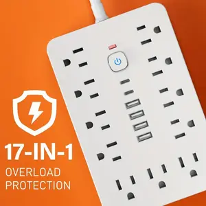 17 in 1 Power Strip Surge Protector 11 AC Outlets 4 USB 2 Type C Ports Multi Plug Outlet Expander Flat Plug Extension Cord for Home Office Kitchen