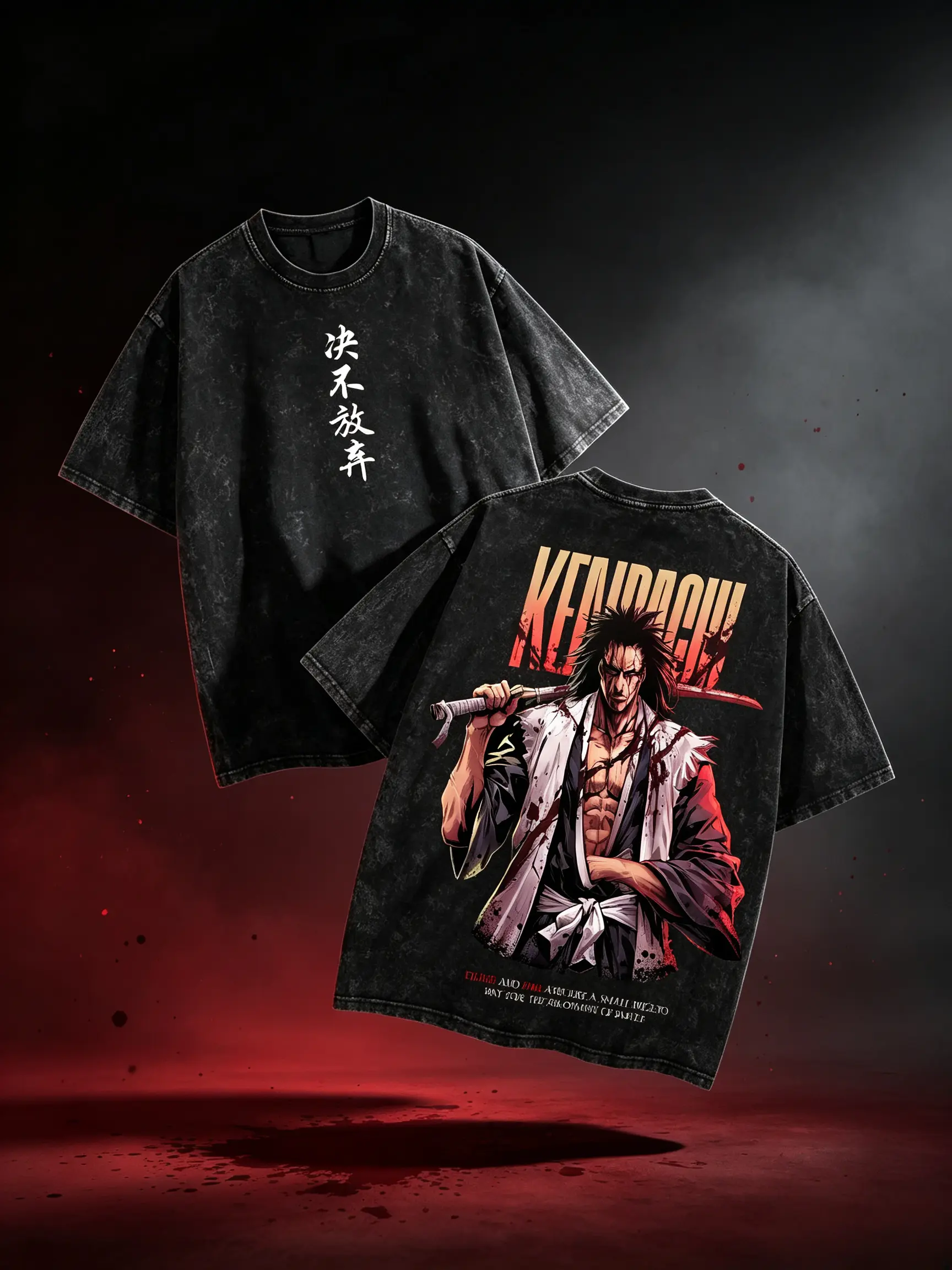 Men's Bleach Kenpachi Zaraki Vintage Acid Wash Oversized Cotton Crew Neck Short Sleeve T-Shirt - Distressed Contemporary Top, Front Vertical Kanji 'Never Give Up', Back Bloodied Kenpachi Sword Print, Unisex Casual Streetwear Gift for Bleach Manga Fans