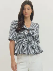 Plaid Tie Front Peplum Top
