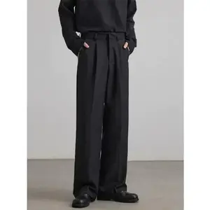 Men's Tailored Wide Leg Trousers with Vertical Crease |   Lightweight Fabric for Business Casual |   Autumn Office Pants with Relaxed Fit and Elegant Drape