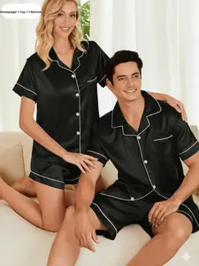 Couple Sleepwear Set, Short Sleeve Shorts, Pure Color, Comfortable Lounge Wear, Summer Ice Silk Two-Piece Set, Men's and Women's Open Front