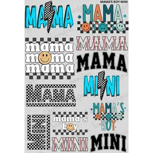 Mamas Boy Mini DTF Transfer Gang Sheet 24.5" wide x 36" long. Direct To Film Mini Gang Sheet