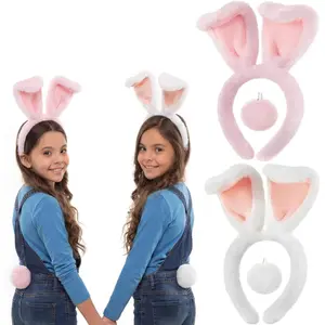 2pcs/4pcs Easter Bunny Ears Headband for Kid with Tail Plush Rabbit Ear Costume Accessories for Egg Hunt Dressup Party