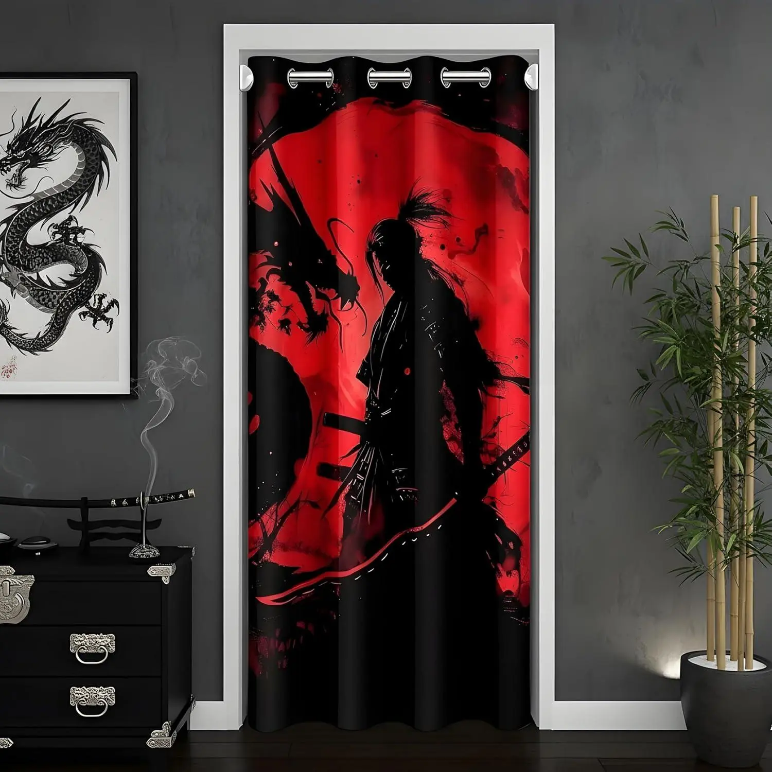 Japanese Samurai Warrior Door Curtain Doorway Window Samurai Thermal Insulated Temporary Room Dividers Sunset Closet Cover Black Dragon Bedroom Living Room Microfiber