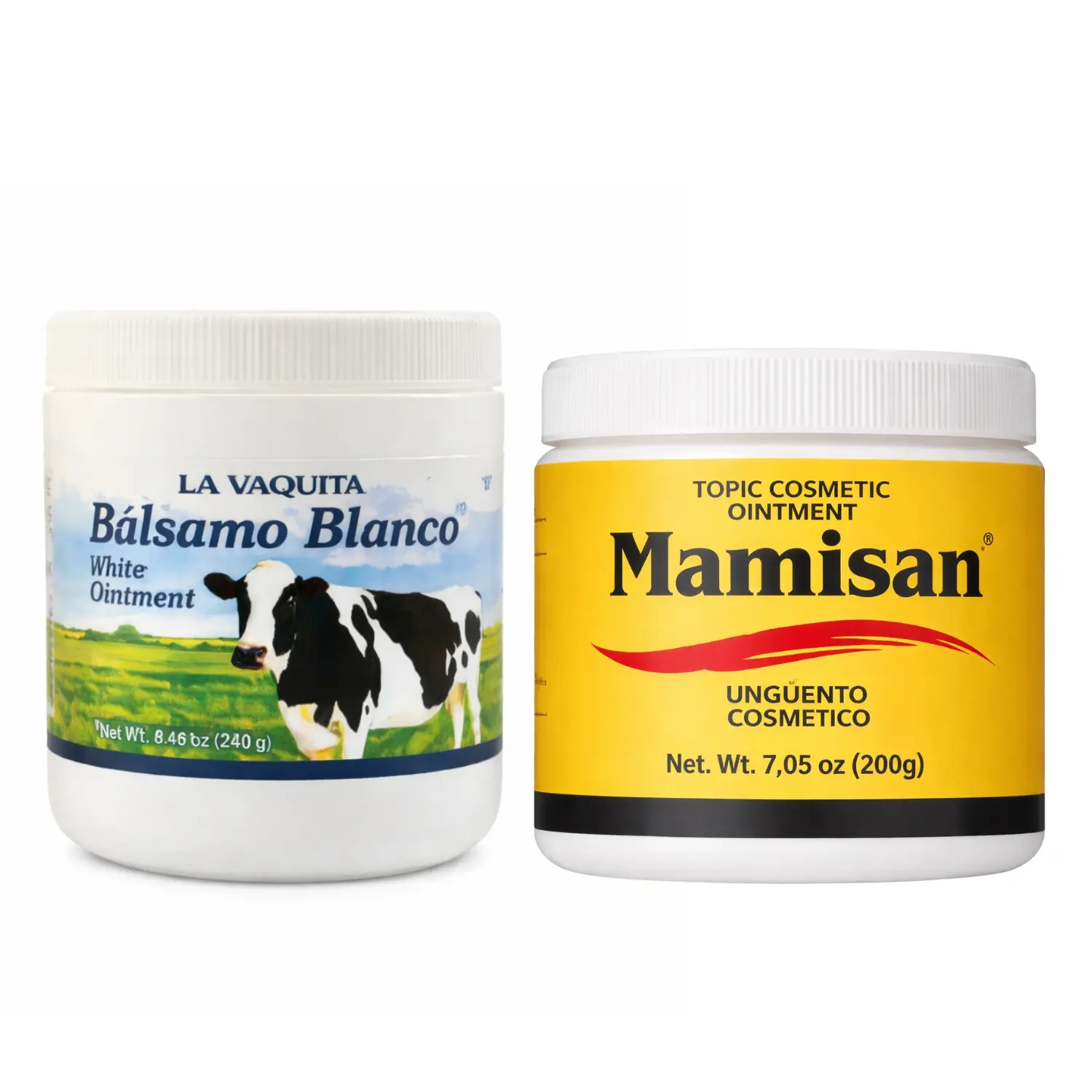 VAQUITA BALSAMO BLANCO & Mamisan Ointment Multi-Pack, Cosmetic Moisturizer with Eucalyptus Oil for Muscle Pain Relief, Nourishing Body Care for Smooth Skin, All Skin Types, 2 Jars (240g & 200g)
