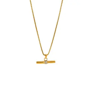 18K plated stainless steel T-Bar pendant necklace with zirconia, t-bar necklace