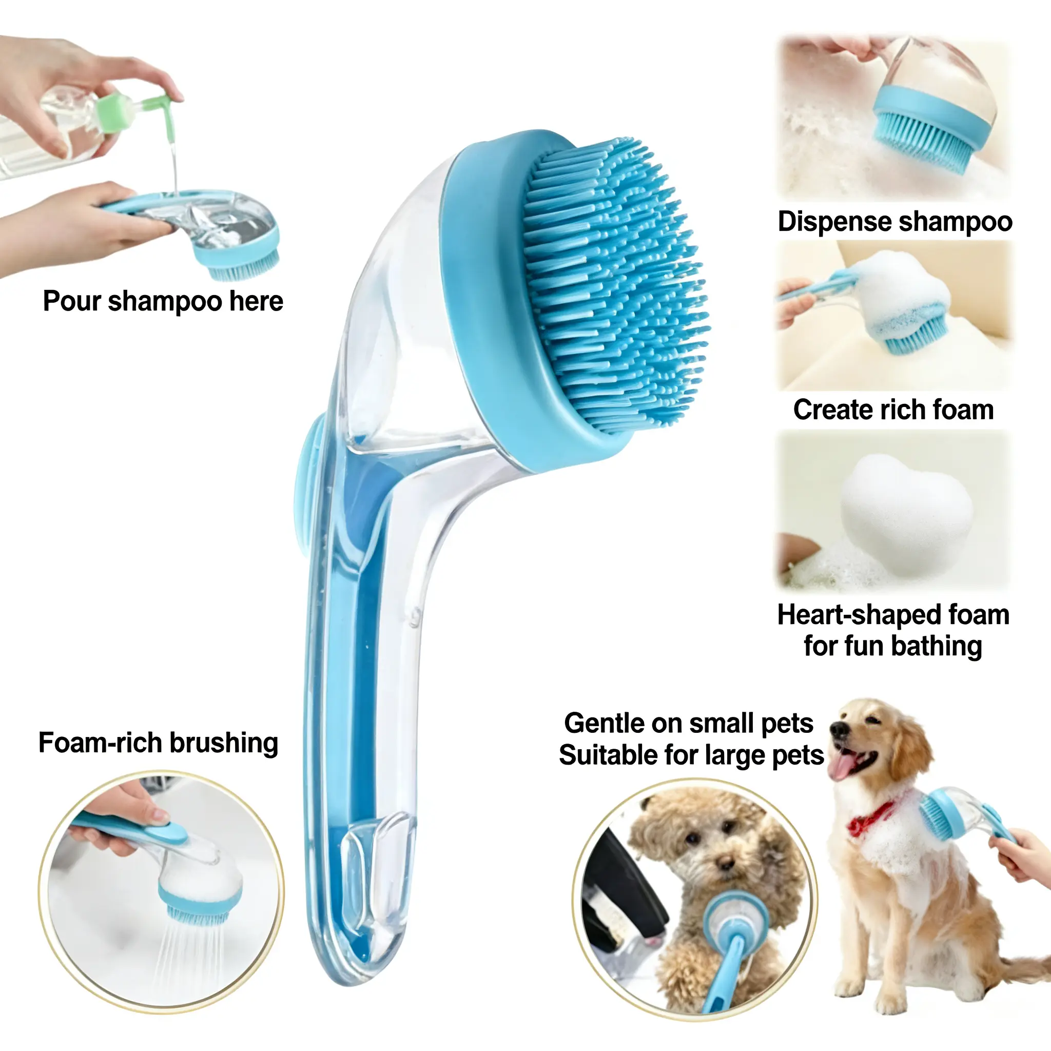 Dog Shampoo Grooming Bath Accessory with Built-In Massage Function, Liquid Storage Design, Clean Grooming Goods & Hair Care Products for Long/Short Fur Dogs, Shampoo Grooming Supplies