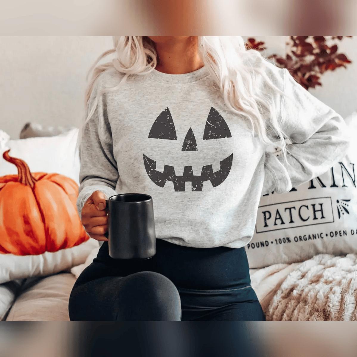 Halloween Pumpkin Unisex Sweatshirts Pumpkin Face Sweatshirt Jack O' Lantern Sweatshirt Halloween Hoodied Everyday Cotton Sweaters