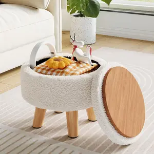 Small Ottoman Footrest, White Boucle Foot Stool, Round Pouf Ottoman with Storage, Teddy  Foot Rest for Couch, Living Room, , Small Coffee Table Ottomans Stool