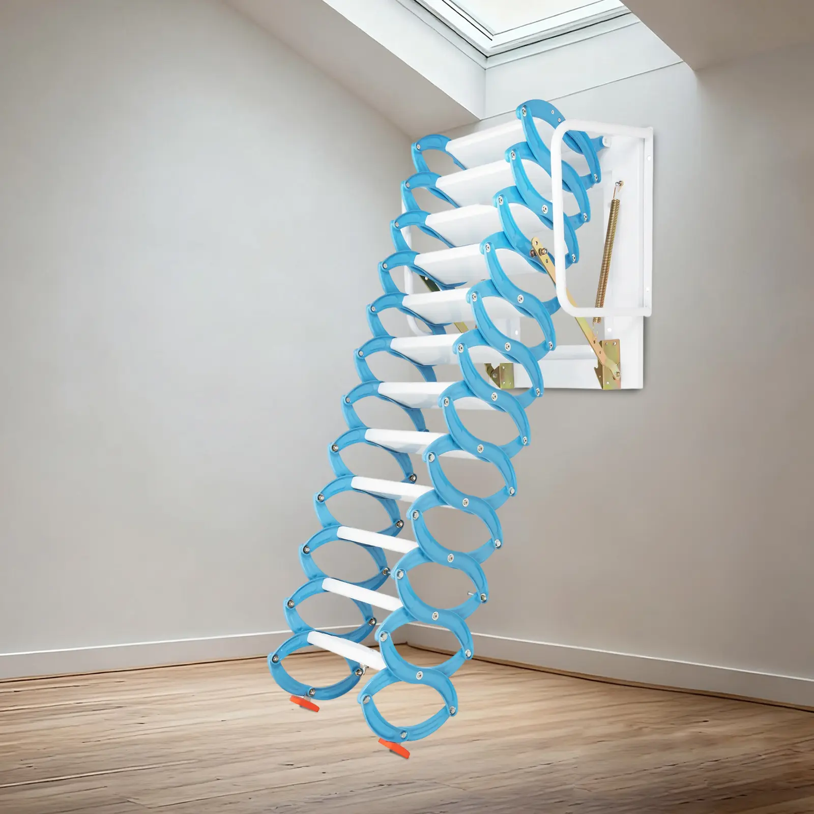 Wall Mounted Retractable Attic Stair 12 Steps 400kg Capacity, Foldable Loft Ladder for Garage Warehouse, Blue White