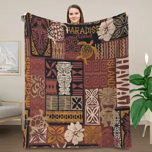 Vintage Hawaiian Tiki Throw Blanket "Paradise Island" Patchwork Print Flannel Cozy Soft with Tiki Hibiscus Sea Turtle Motifs for Tropical Vibe