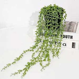 Jahe String of Pearls Artificial Plants Indoor, Beaded Plant Fake Vines, Succulents Plants Artificial in Black Pots , Trailing Faux Plant for Living Room Bathroom Accessories Farmhouse Wall Decor