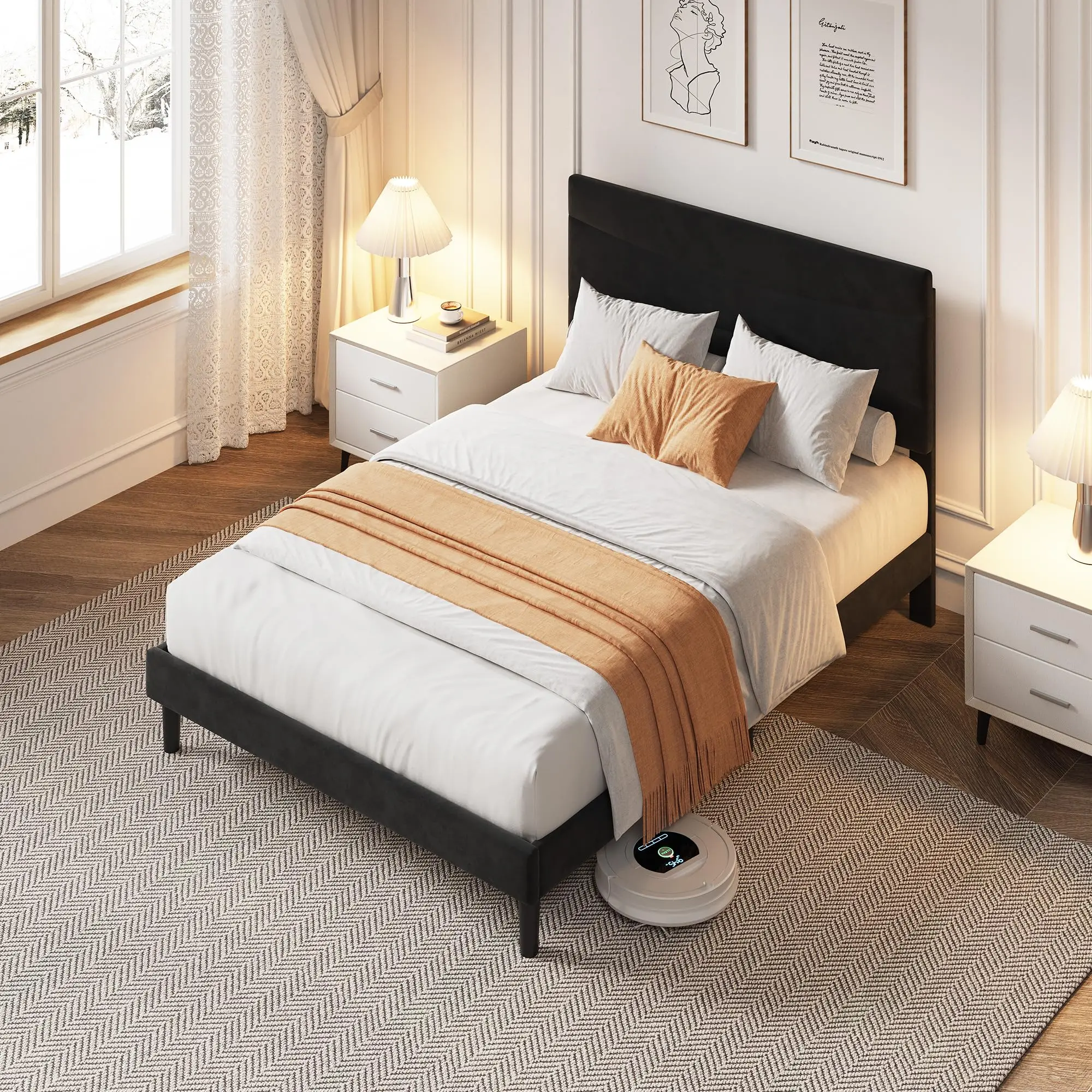 Garvee Contemporary Upholstered Bed Frame - Soft Foam Curved Headboard, Multi-Size (Single for Single Person/Twin/King), Sturdy Wood or Steel Slats, Modern Minimalist, Noise-Free, No Box Spring Needed, Spacious Storage Space, Fast-Install, Multiple Colors