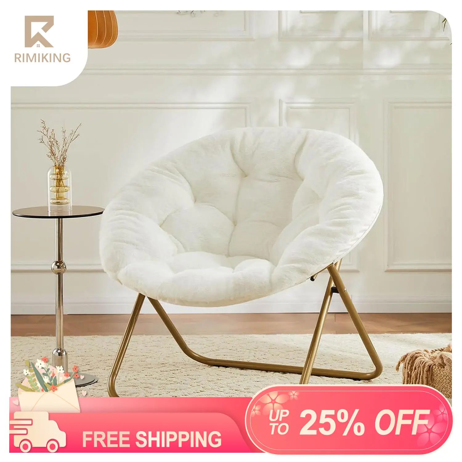 RIMIKING Faux Fur Saucer Chair, Cozy Design, Premium Materials, Sturdy Frame, Space-Saving, Generous Size, C-YL38IN