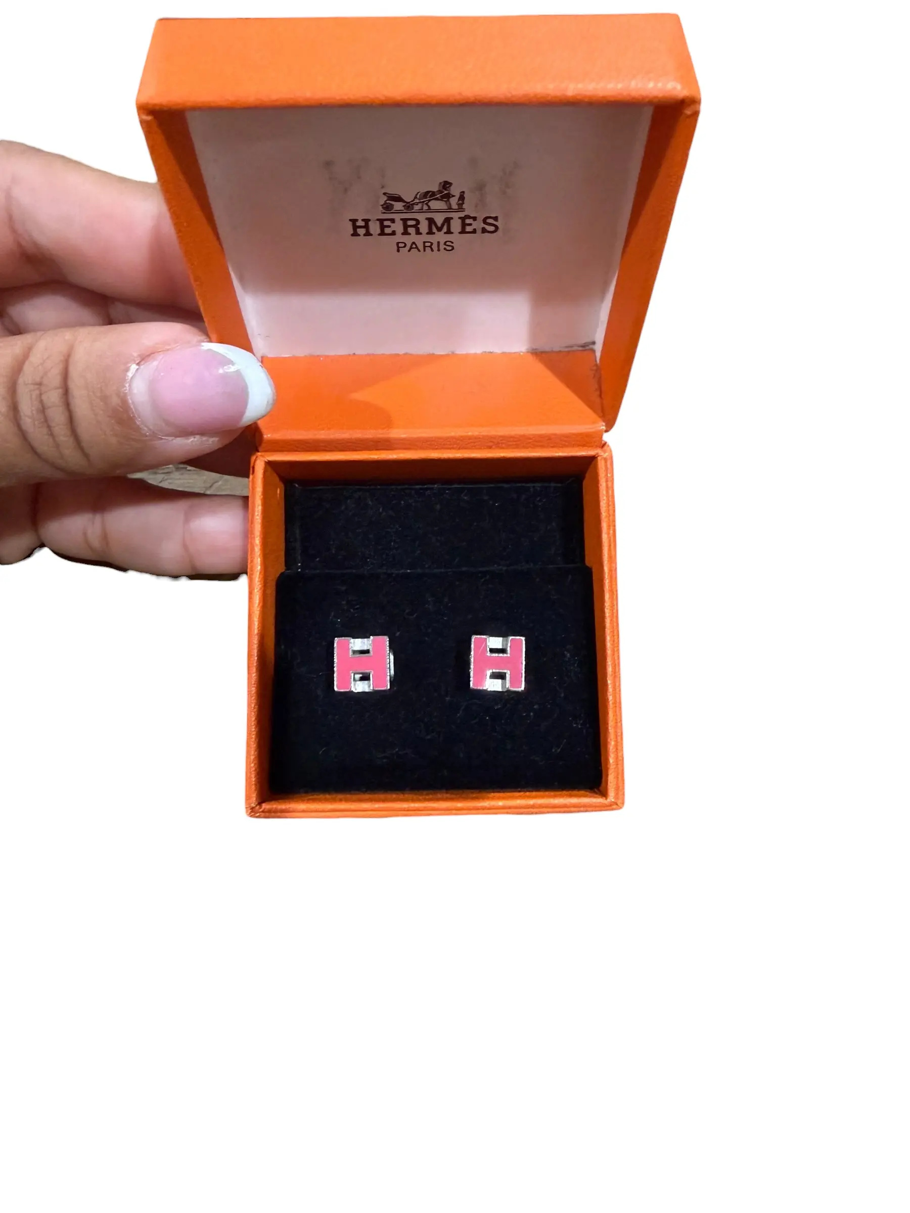 Pre-owned Hermes Hot Pink H Cube Silver Earrings with Box Perfect for Daily Use