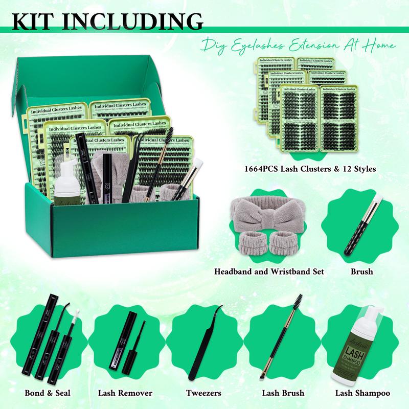1664pcs/set D Curl Lash Clusters Kit, 12 Styles Cat-Eye & Volume Lashes Book with Bond and Seal, Lash Remover, Brush, Applicator, Headband, Wristband & Lash Shampoo, Perfect for Beginners & Professionals, DIY Eyelash Extensions at Home Easily