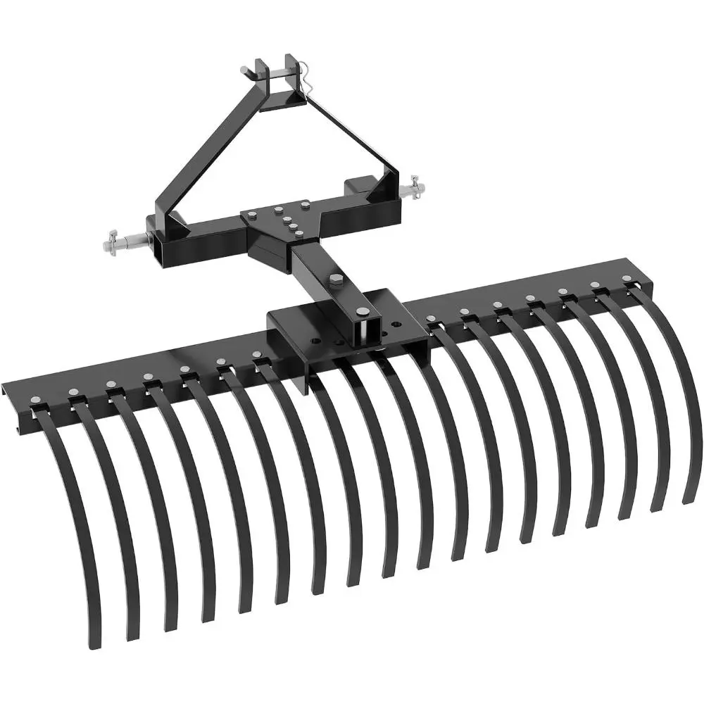 50-Inch Heavy Duty Tow-Behind Tractor Landscape Rake Tool, 18 Heat-Treated Steel Tines, 360° Adjustable Category 1 3-Point Hitch, Dethatcher for Dethatching Lawns & Leveling Soil, Durable Gardening Equipment