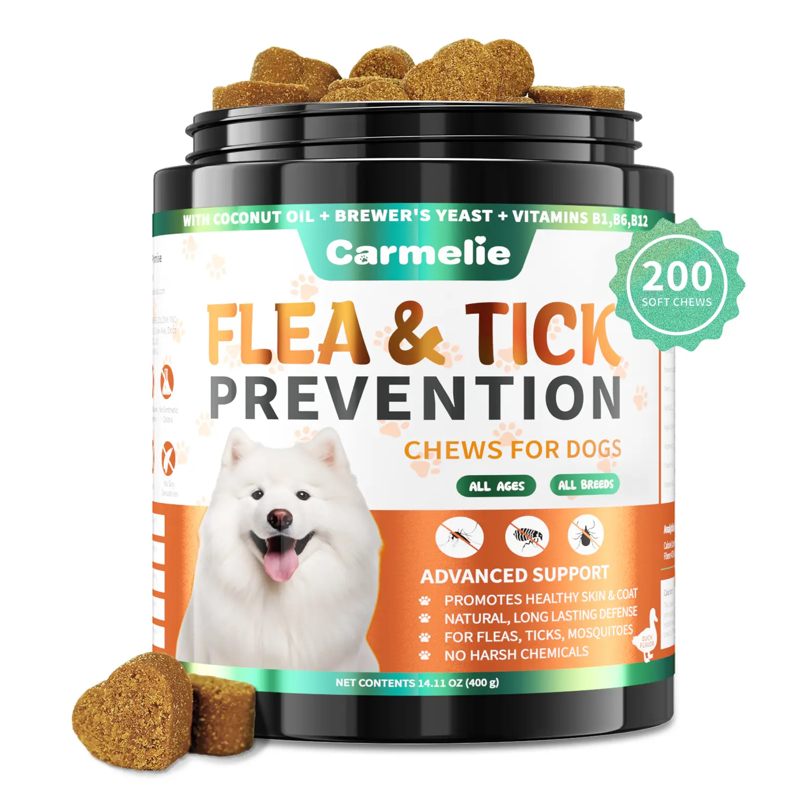 Carmelie Natural Flea & Tick Support for Dogs – 200 Soft Chews, All Breeds & Sizes – Safe & Effective Flea Protection for Puppies & Adult Dogs, Duck F