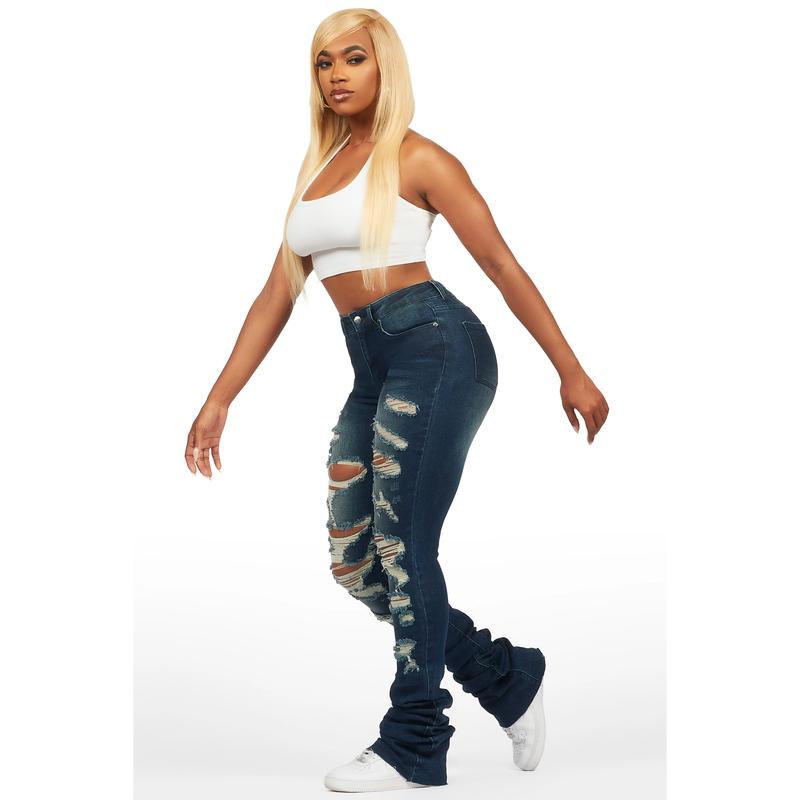 Teyja Dark Wash Distressed Super Stacked Jean