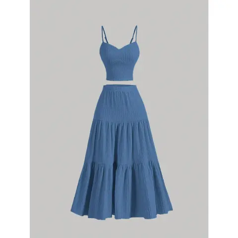 Women's 2-Piece Solid Crop Cami Top & Pleated A-Line Skirt Set - Breathable Fabric Outfit Sets for Women, Fitted, Easy Mix-Match Casual Summer Daily Outdoor Woven Wear