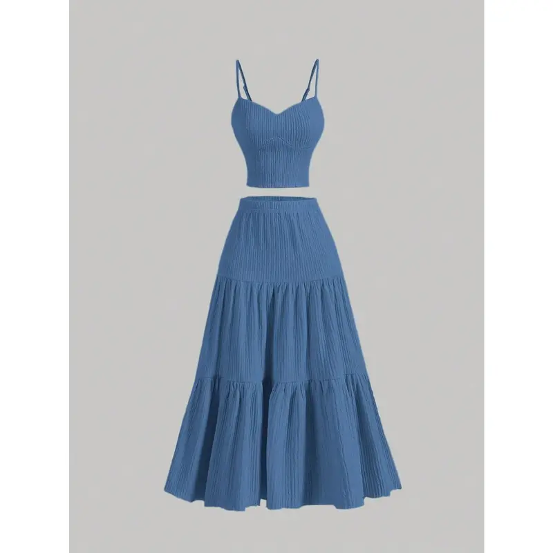 Women's 2-Piece Solid Crop Cami Top & Pleated A-Line Skirt Set - Breathable Fabric Outfit Sets for Women, Fitted, Easy Mix-Match Casual Summer Daily Outdoor Woven Wear