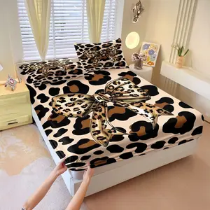 3Pcs Leopard Print Bow Fitted Sheet Set, Beige Base with Repeating Black & Brown Spots, Glossy Bow Edge Decor, Playful Fashionable Bedding, Durable & Stylish for Bedroom Decor, Perfect Animal Print Bedding Gift, Includes 2 Pillowcases, No Pillow Core