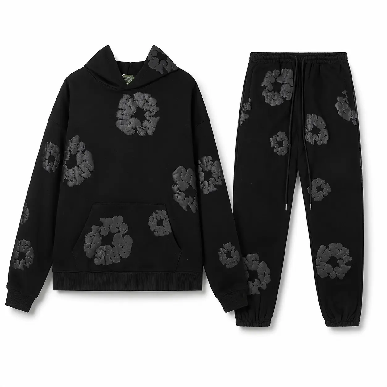 Minimalist Black Floral Hoodie & Sweatpants Set, Unisex Streetwear Tracksuit for Men & Women, Fashion Matching Set