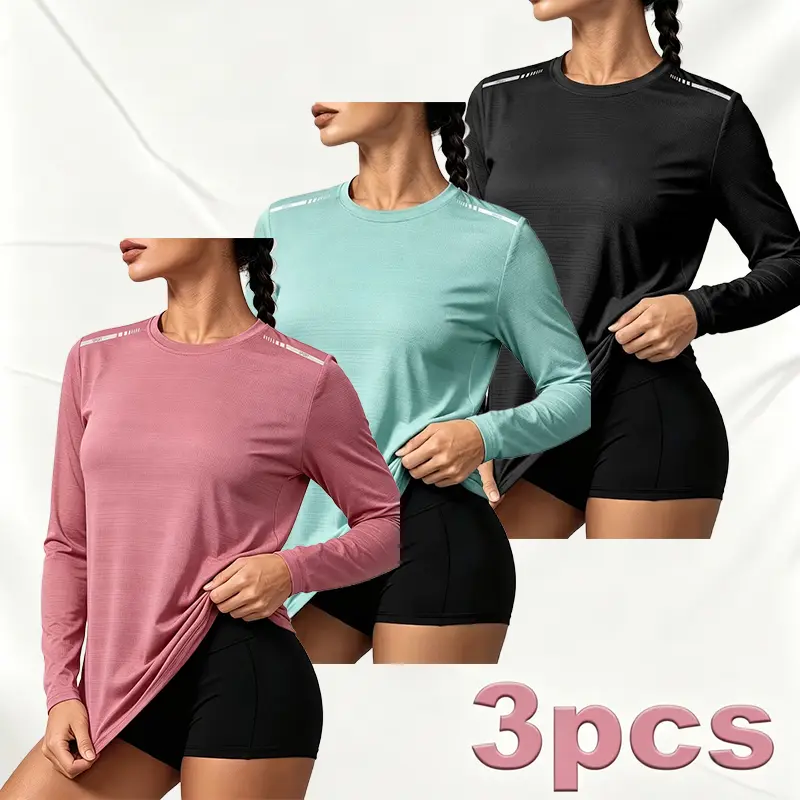 3-Pack Women’s Long-Sleeve Quick-Dry Tops – Fast-drying, breathable, stretchy fabric; suitable for running and yoga; machine washable; polyester and spandex blend; breathable, trendy athletic quick-dry mesh T-shirt tops for running, fitness, and training;