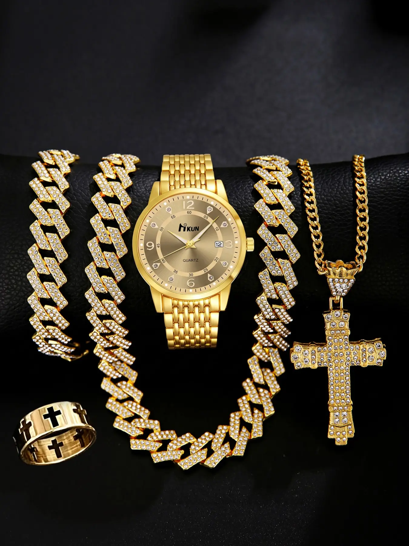 Five-Piece Fashion Set, Elegant Diamond-Encrusted Watch, Cuban Chain Bracelet Necklace, Ring, Versatile and Practical Accessories, Trendy Watch Set