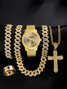 Five-Piece Fashion Set, Elegant Diamond-Encrusted Watch, Cuban Chain Bracelet Necklace, Ring, Versatile and Practical Accessories, Trendy Watch Set