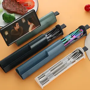 New 304 stainless steel portable cutlery set, includes a pull-out storage box for spoons, forks, and chopsticks, a cutlery box that can also serve as a phone stand, essential for commuting, traveling, and students' outdoor activities