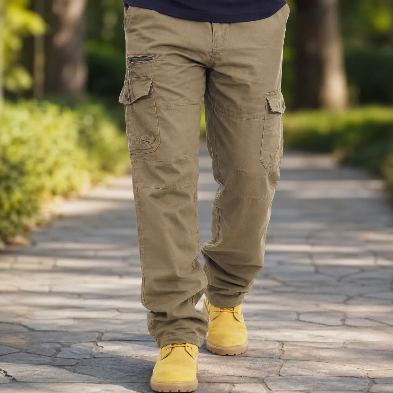 Pure cotton work pants for men, casual pants with elastic waist, large size, multi-pocket, loose fit, long pants for construction sites
