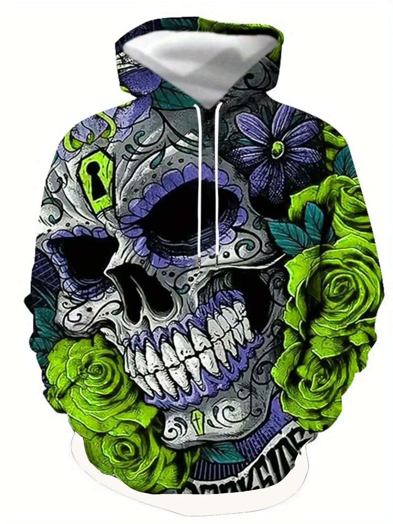 Green and Purple Rose Sugar Skull Print Slim Fit Long Sleeve Hoodie, Dark Street Casual Style Cool Model