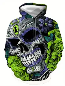 Green and Purple Rose Sugar Skull Print Hoodie, Dark Street Style Cool Model