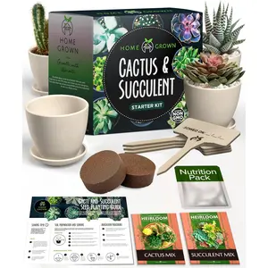 HOME GROWN Succulent & Cactus Seed Kit for Planting – [Enthusiasts Favorites] Premium Cactus & Succulent Starter Kit: 4 Planters, Drip Trays, Markers, Seeds Mix, Soil - DIY Gift Kits HOME GROWN HOME GROWN