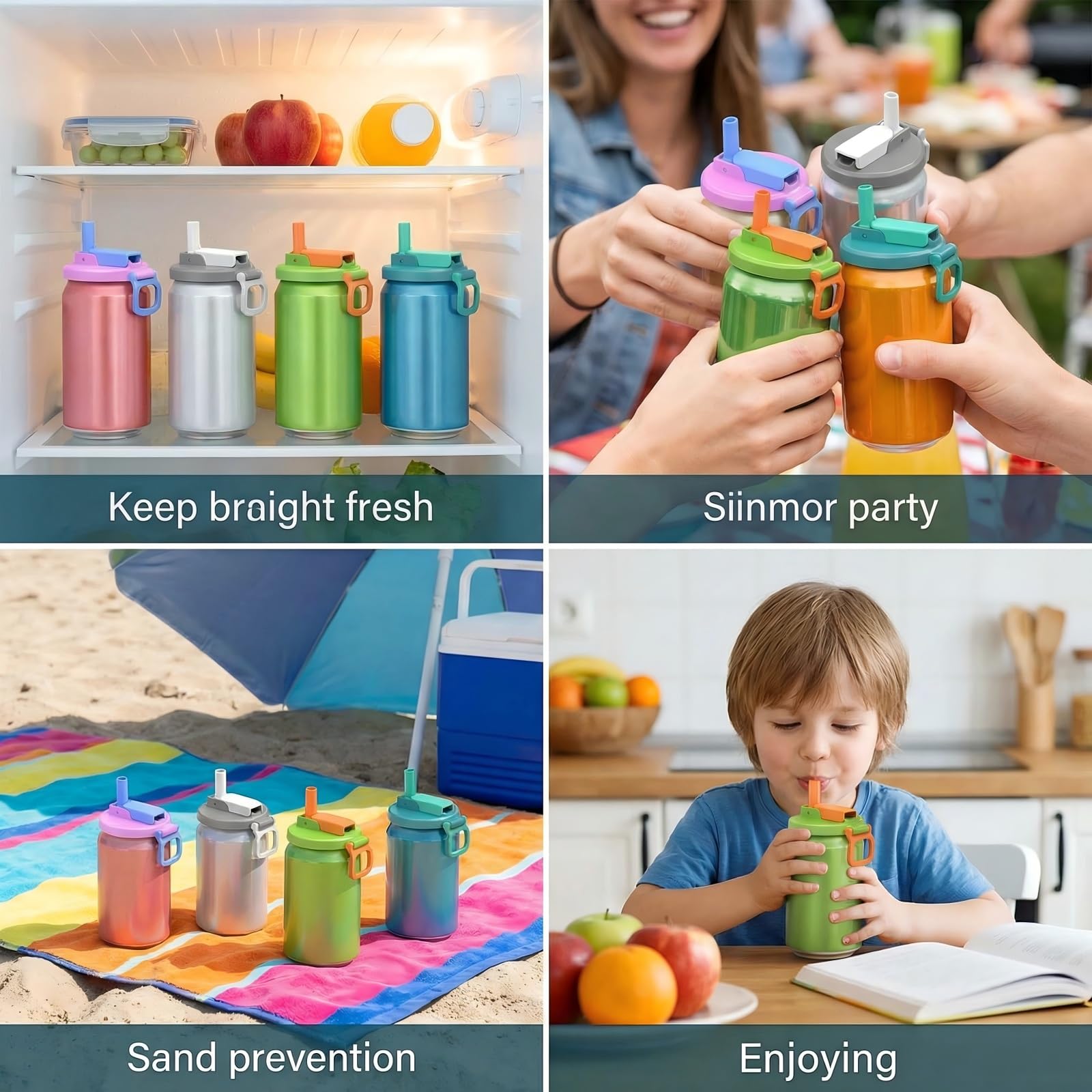 4 PCS Reusable Soda Can Lids with Straw, BPA-Free Drink Covers with Silicone Straws, Leak-Resistant Can Topper for Soda, Juice & Beverages