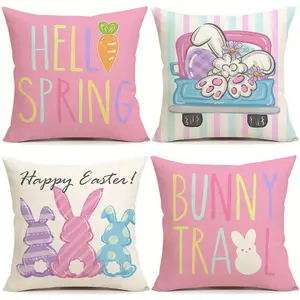 4pcs, Traditional-Style Easter Throw Pillow Covers, Zipper Closure, Decorative Cushion Covers for Various Room Types - Bunny Trail, Happy Easter, Carrot Graphics, Single Sided Printing, No Pillow Core