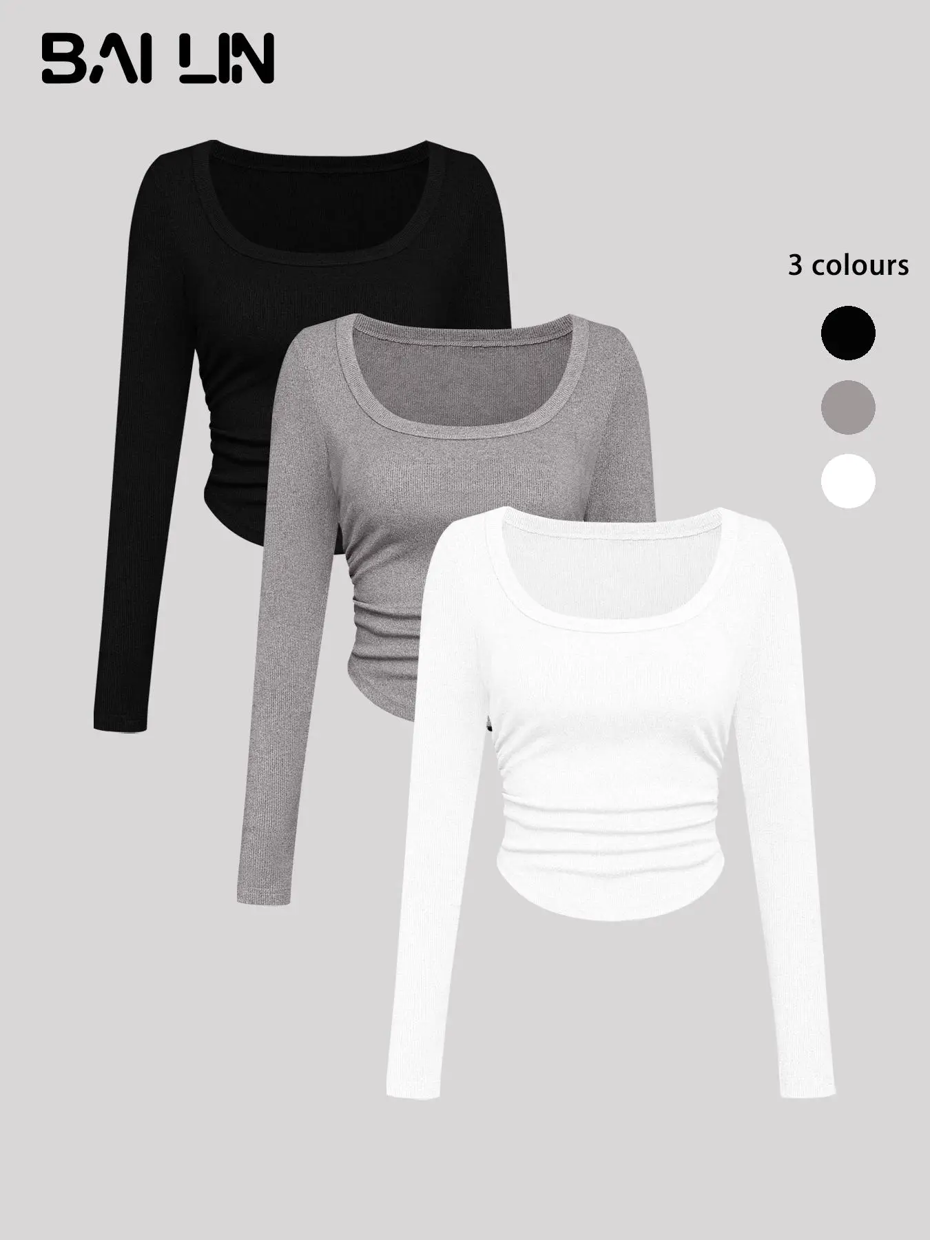 Women's Plain Ruched Scoop Neck Tee, Casual Tops, Basic Long Sleeve T-shirt for Spring & Fall, Tee Shirts for Lady, T Shirts for Women, Ladies Clothes