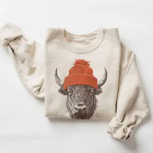 Bull Bison Wearing Beanie Sweatshirt – Mountain Wildlife Crewneck, Camping & Hiking Gift, Retro 90s Unisex Buffalo Outdoors Pullover - Lauriel Designs  98