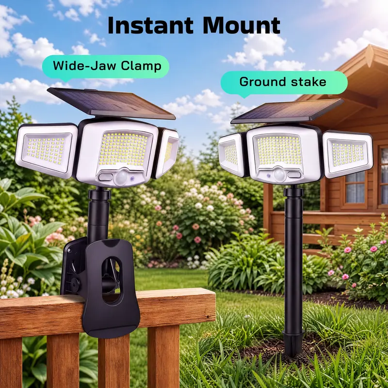 Three LED light heads beneath the integrated solar charging panel