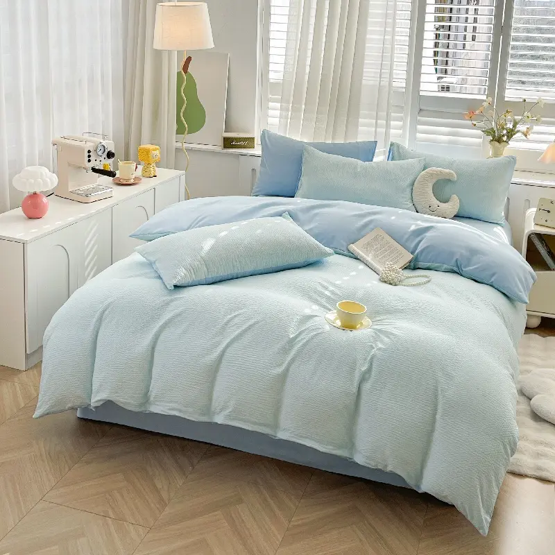 4-piece Super Soft Seersucker Bedding Set (including 1 Quilt Cover + 1 Bed Sheet + 2 Pillowcases) - Universal in Bedrooms, Dormitories, and Rooms, Suitable for All Seasons, Easy To Take Care Of