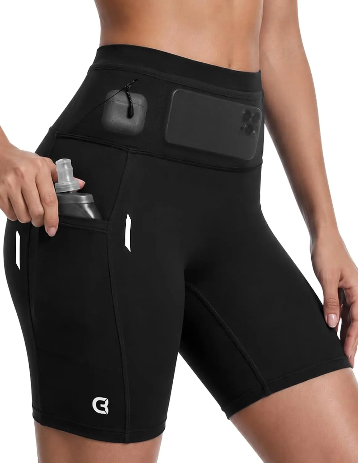 Womens Running Shorts with Pockets 7'' High Waisted Biker Shorts for Yoga | Reflective Strips, 360° Mesh Pocket at Waist, Upgraded Compression Support, Breathable Moisture Wicking Compression Shorts
