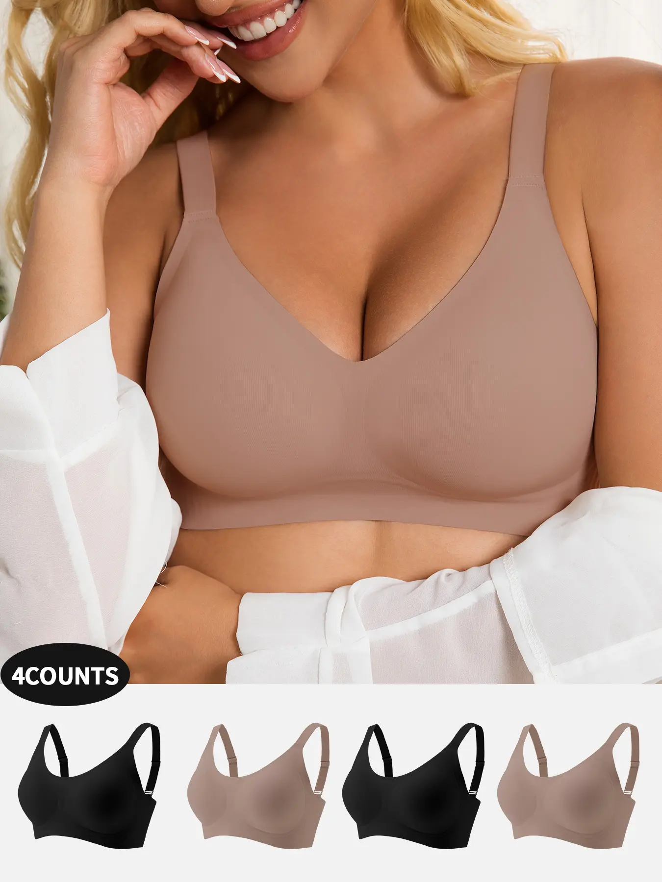 4-Piece No Underwire Seamless Jelly Women's Underwear Set, Wireless Push-Up Bras with Adjustable Straps, Comfortable Daily and Work Wear, Suitable for Yoga and Workouts, Gym Bras, Sports Bras Pack, Push Up Bralette