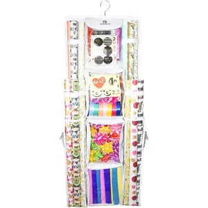 Double-Sided Hanging Gift Wrap Organizer - Large 16 x 41 Inch Wrapping Paper Storage Bag - Tearproof 600D Oxford Closet Gift Bag & Ribbon Organization Storage Caddy, White