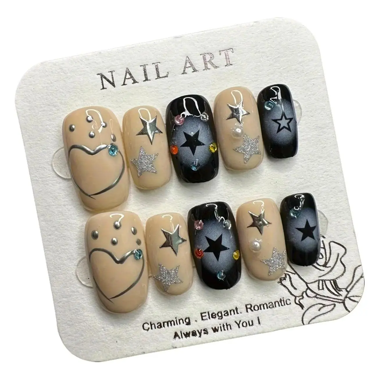 M5 Medium and short hand painted stars All hand pressed on nails, Nail Art Design, Press On Nails