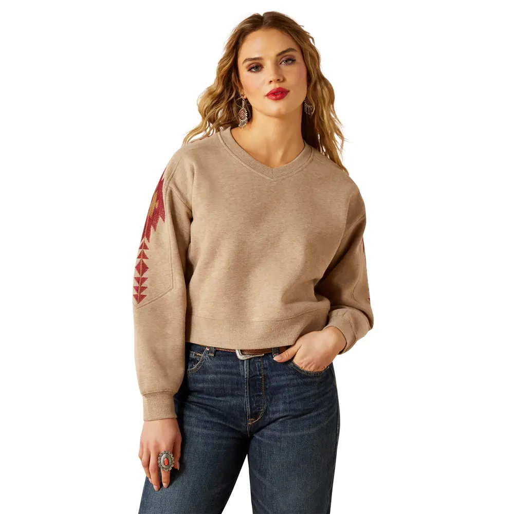 10062798 Ariat Women's Tatonka Long Sleeve Embroidered Sweatshirt - Brown Heather