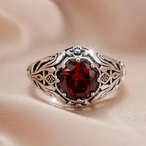 Accessory Red Zircon Ring Creative Vintage Alloy Inlaid Topaz Ring