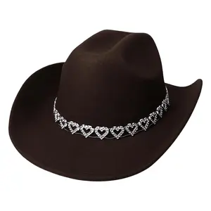 OIDEA Cowgirl Hats for Women Wide Brim Western Cowboy Hat with Heart Chain Vintage Felt Fedora Hat